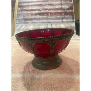 Vintage Heavy Silver Art Nouveau Style Ruby Glass Centerpiece Bowl 9.5 inches